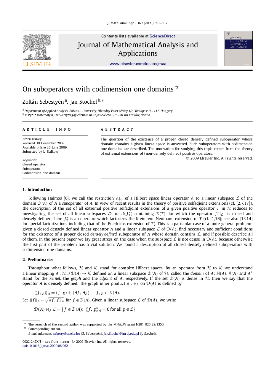 On suboperators with codimension one domains 