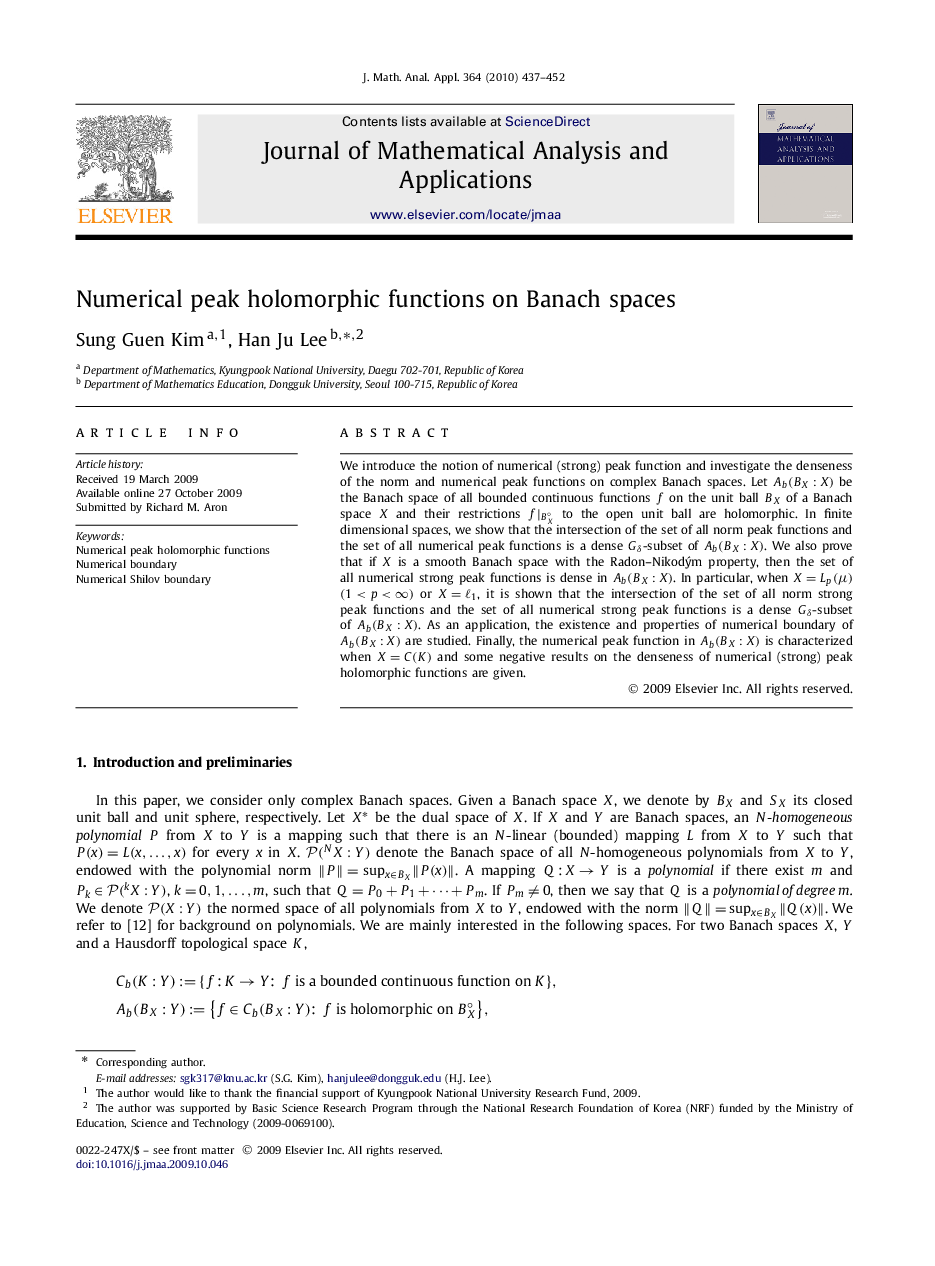 عکس صفحه اول مقاله: Numerical peak holomorphic functions on Banach spaces Numerical peak holomorphic functions on Banach spaces
