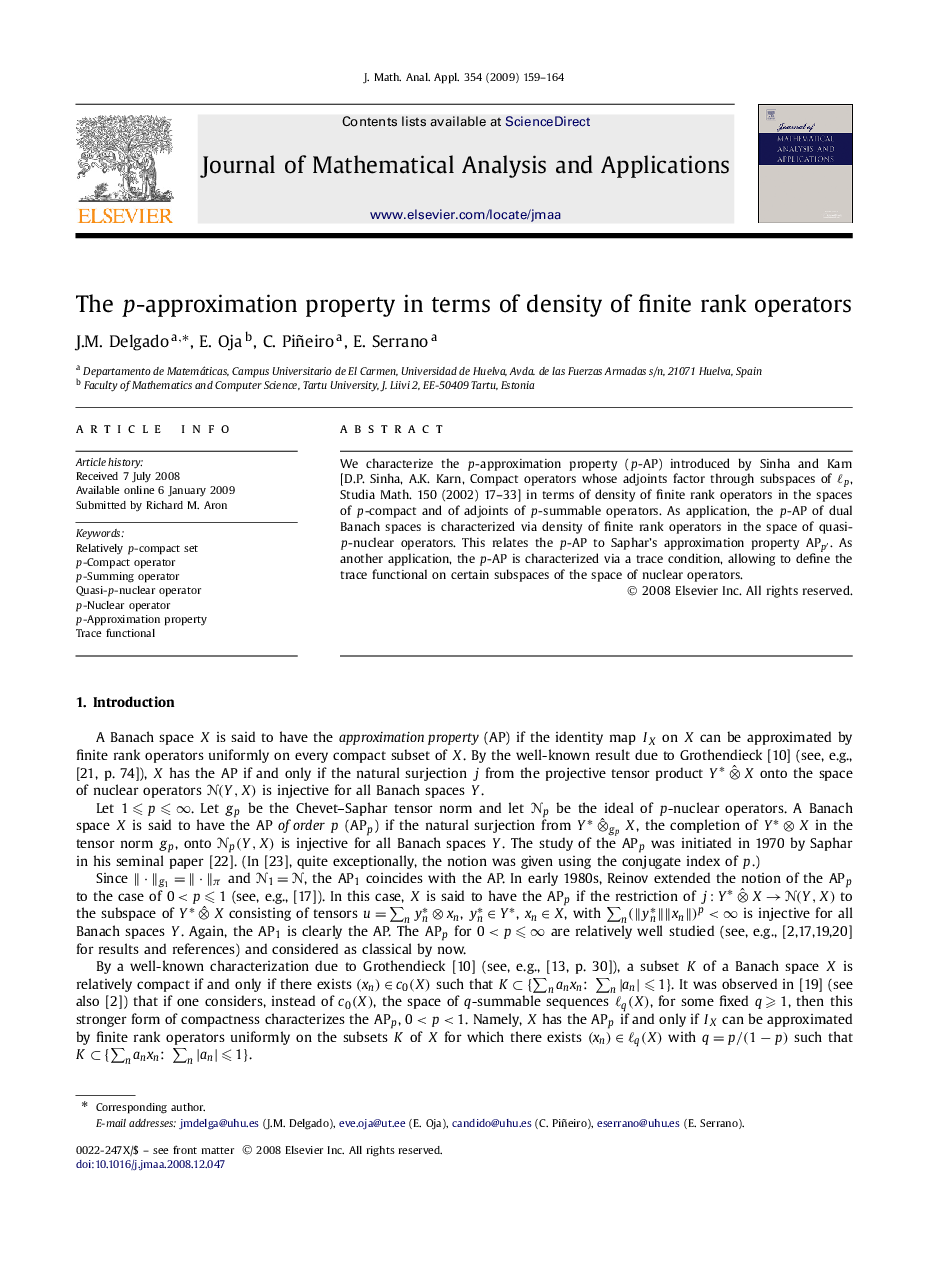 عکس صفحه اول مقاله: The p-approximation property in terms of density of finite rank operators The p-approximation property in terms of density of finite rank operators