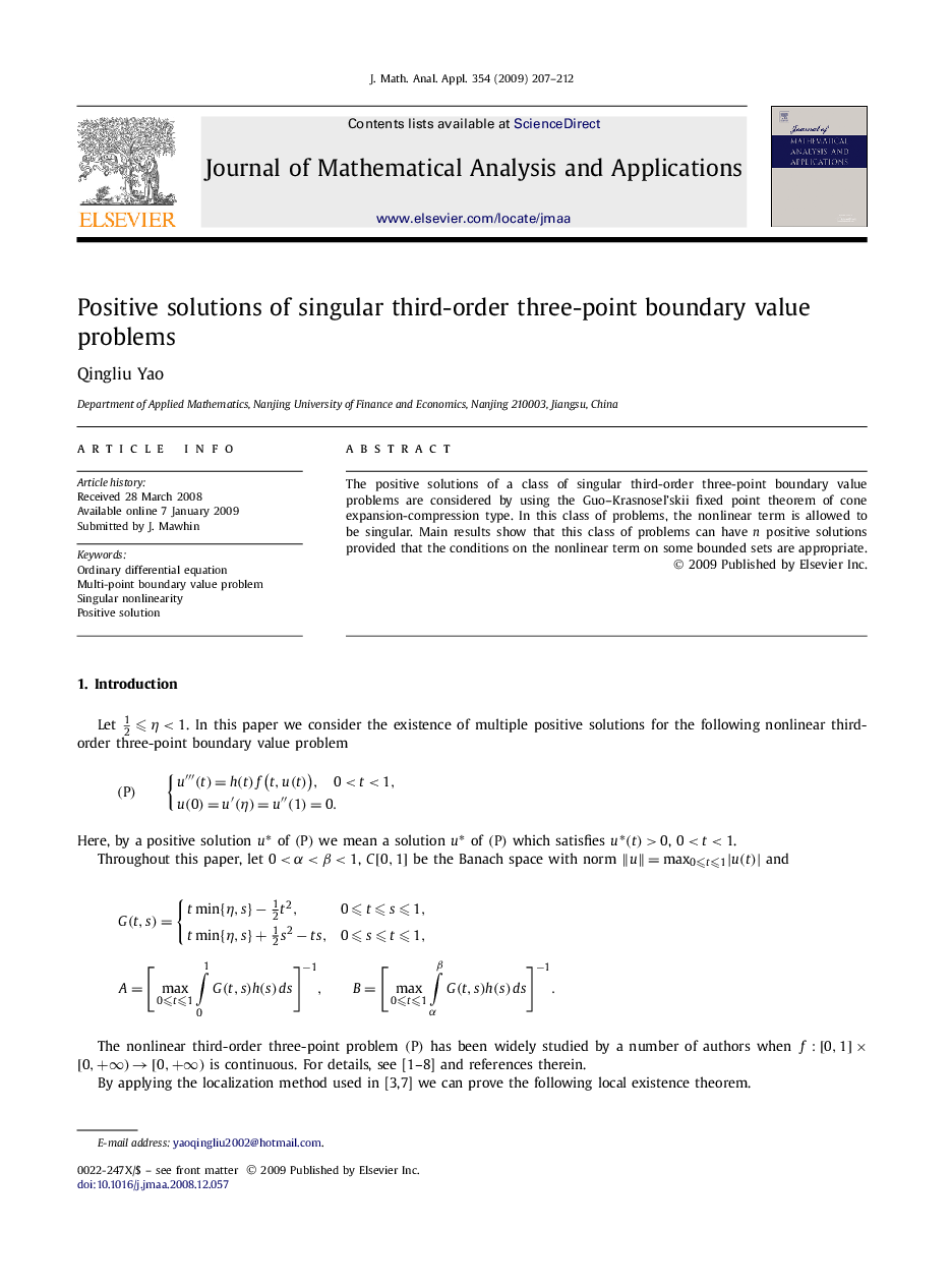 عکس صفحه اول مقاله: Positive solutions of singular third-order three-point boundary value problems Positive solutions of singular third-order three-point boundary value problems