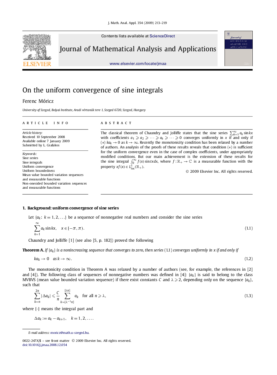 عکس صفحه اول مقاله: On the uniform convergence of sine integrals On the uniform convergence of sine integrals