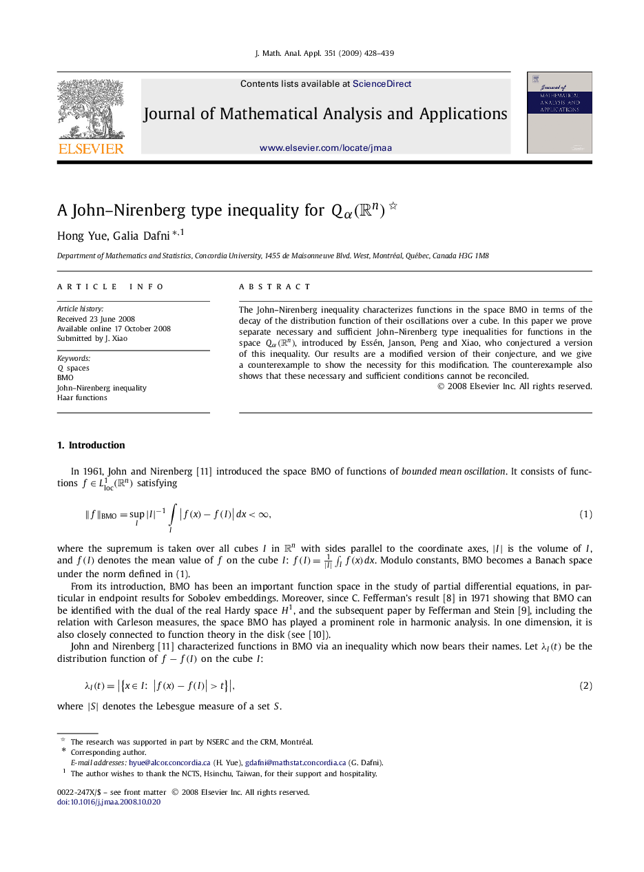 عکس صفحه اول مقاله: A John–Nirenberg type inequality for Qα(Rn) A John–Nirenberg type inequality for Qα(Rn)