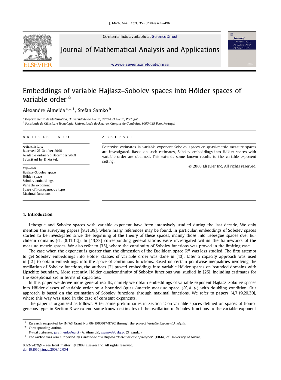 عکس صفحه اول مقاله: Embeddings of variable Hajłasz–Sobolev spaces into Hölder spaces of variable order Embeddings of variable Hajłasz–Sobolev spaces into Hölder spaces of variable order
