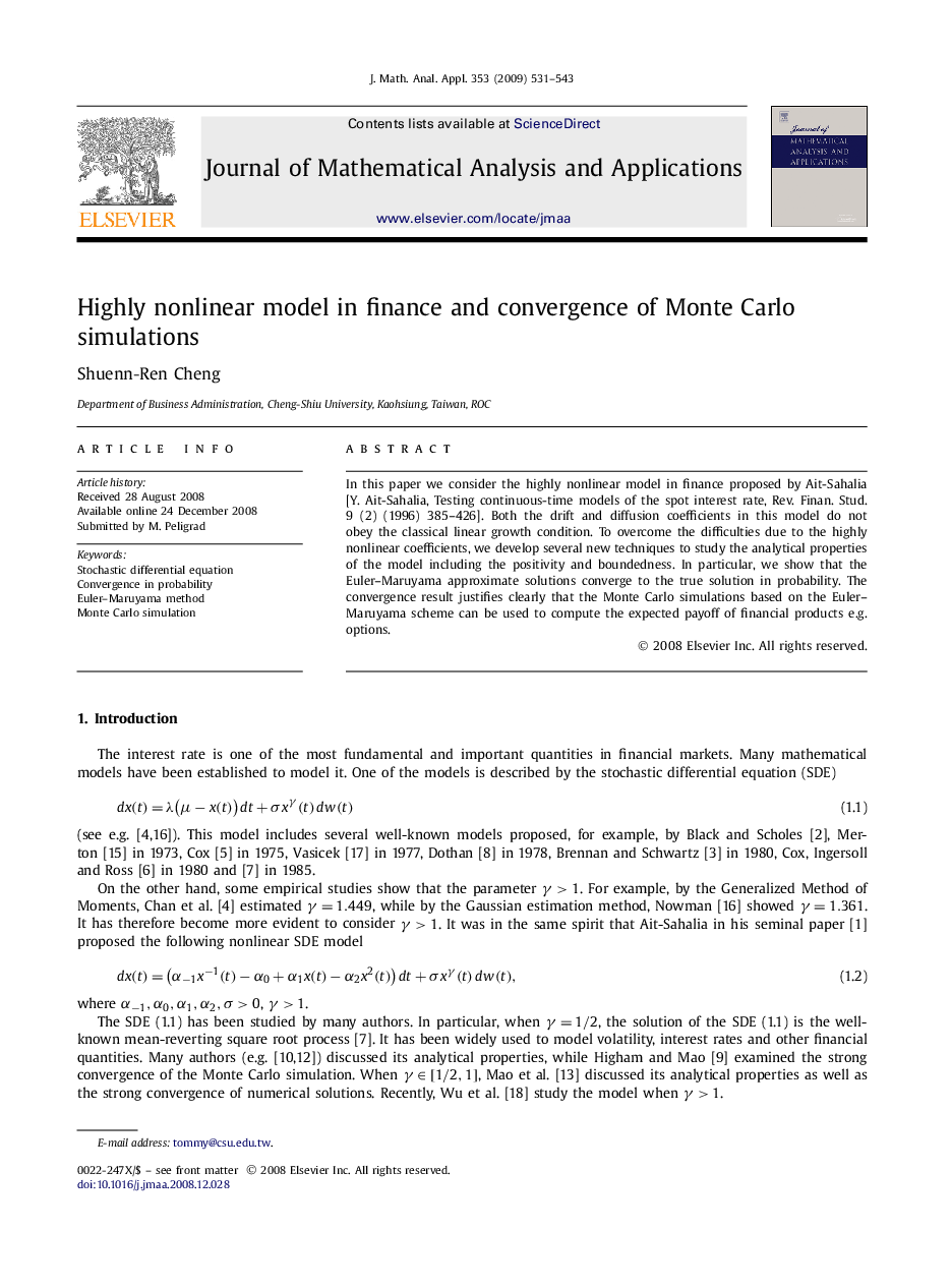 عکس صفحه اول مقاله: Highly nonlinear model in finance and convergence of Monte Carlo simulations Highly nonlinear model in finance and convergence of Monte Carlo simulations