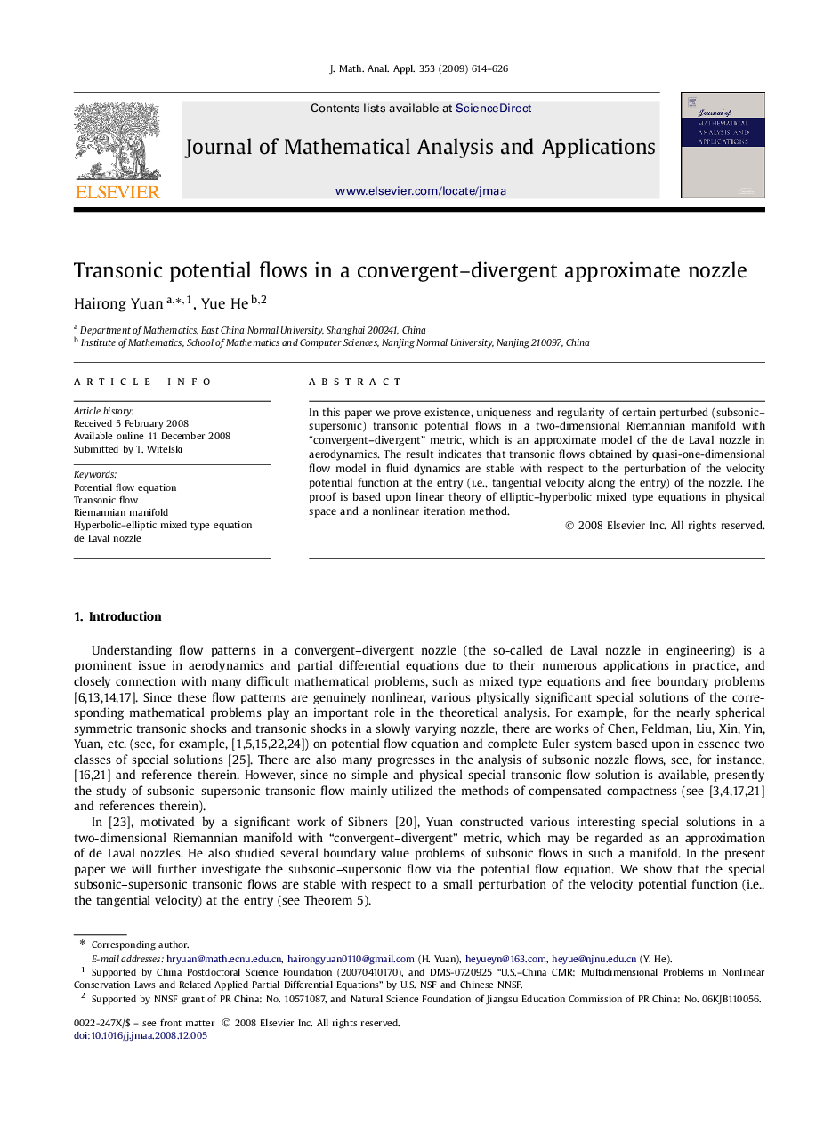عکس صفحه اول مقاله: Transonic potential flows in a convergent–divergent approximate nozzle Transonic potential flows in a convergent–divergent approximate nozzle