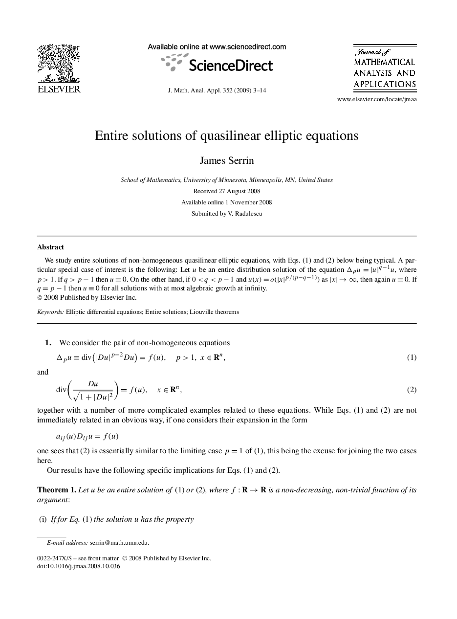 Entire solutions of quasilinear elliptic equations