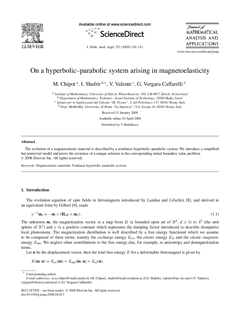 On a hyperbolic–parabolic system arising in magnetoelasticity
