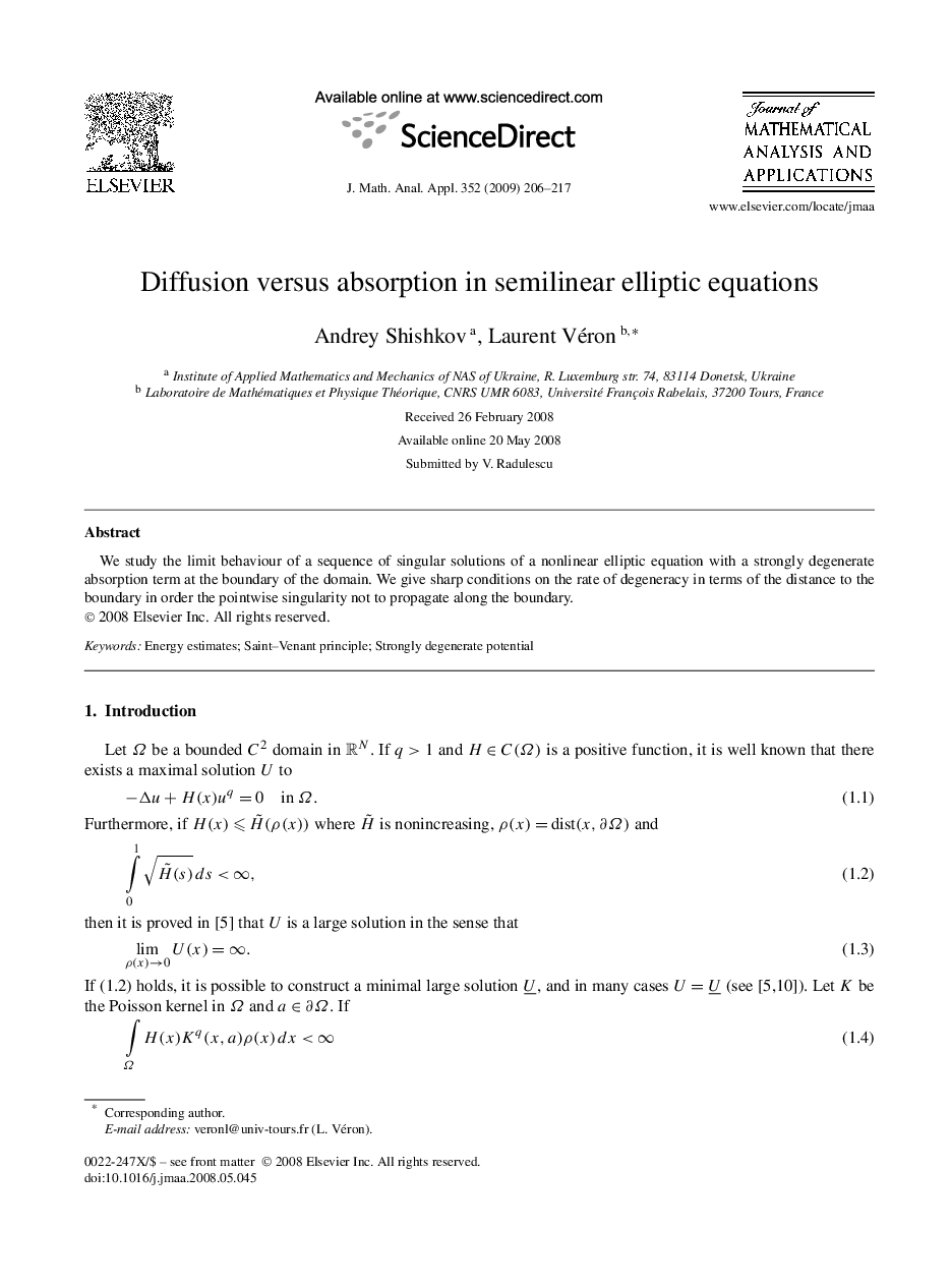 Diffusion versus absorption in semilinear elliptic equations