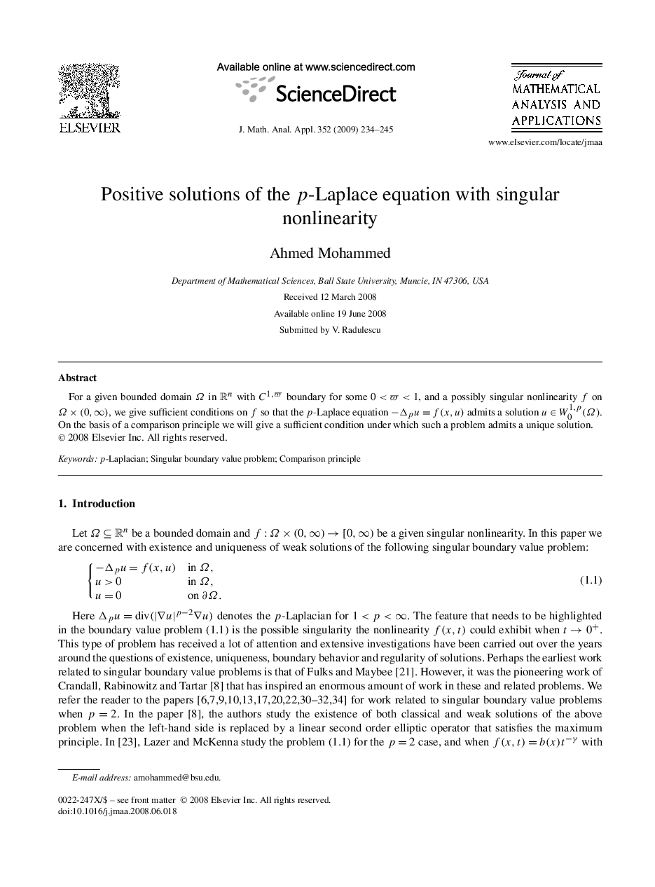 Positive solutions of the p-Laplace equation with singular nonlinearity