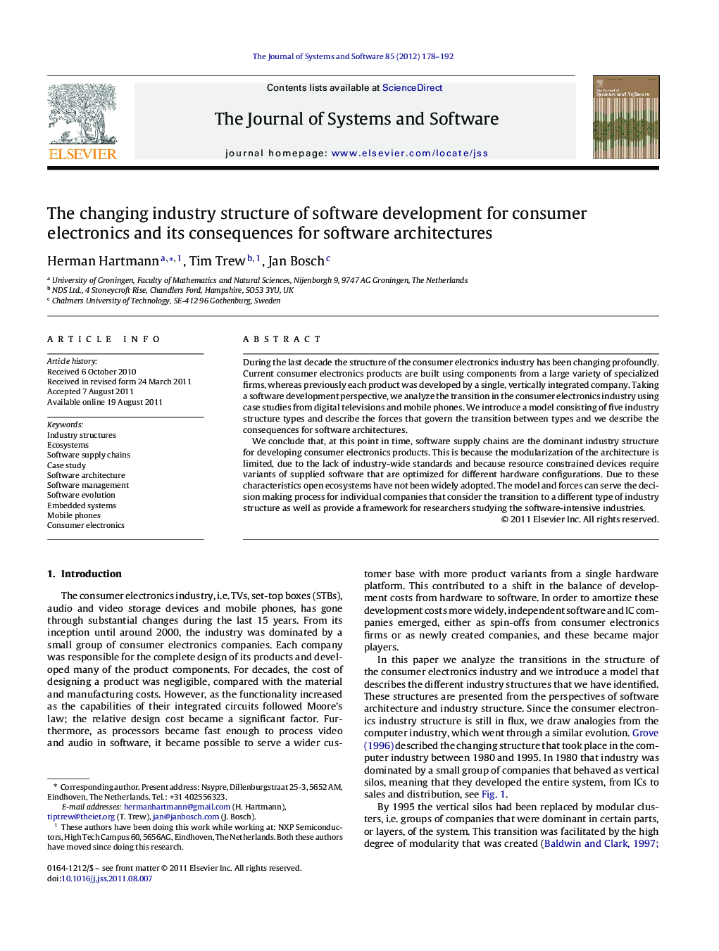 The changing industry structure of software development for consumer electronics and its consequences for software architectures