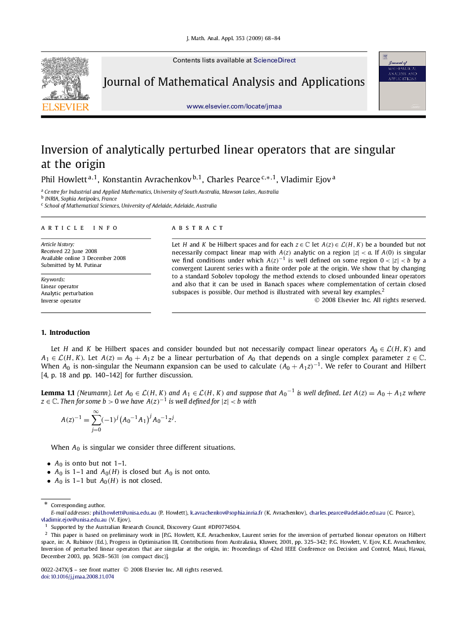Inversion of analytically perturbed linear operators that are singular at the origin