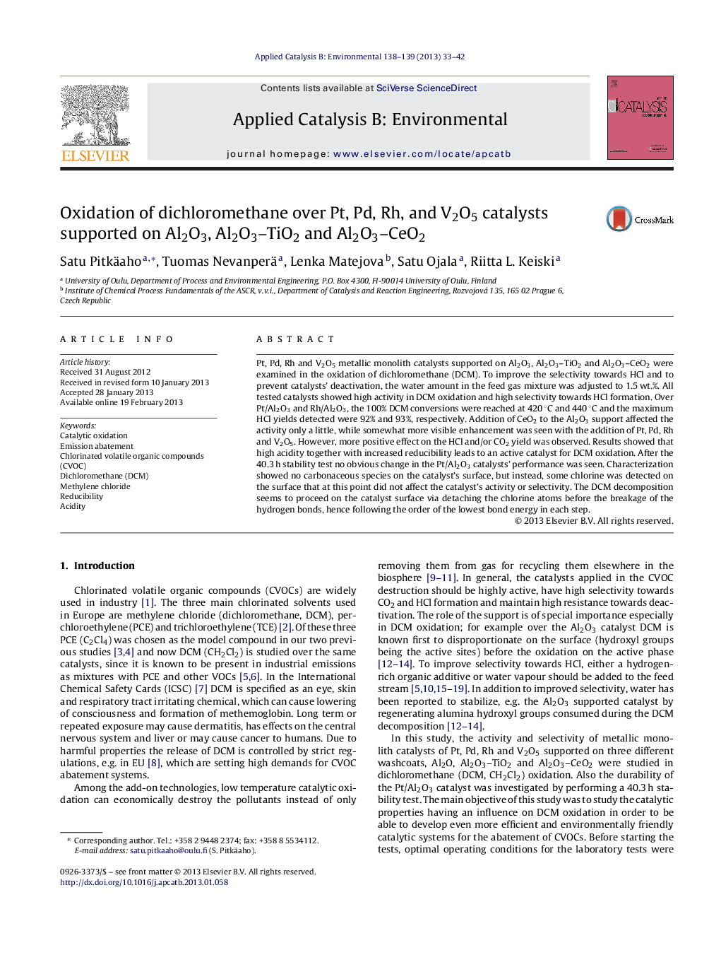 Oxidation of dichloromethane over Pt, Pd, Rh, and V2O5 catalysts supported on Al2O3, Al2O3–TiO2 and Al2O3–CeO2