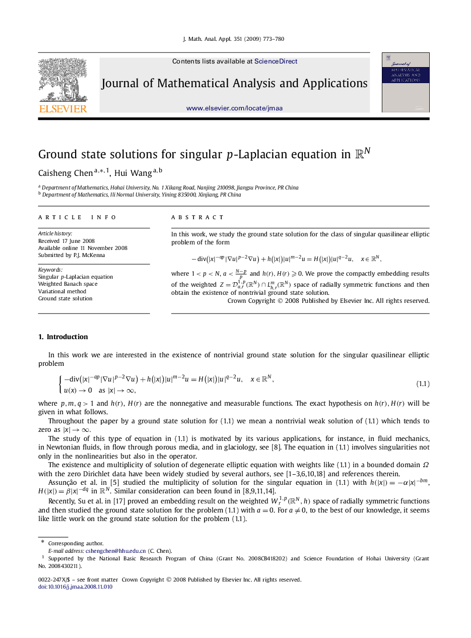 Ground state solutions for singular p  -Laplacian equation in RNRN