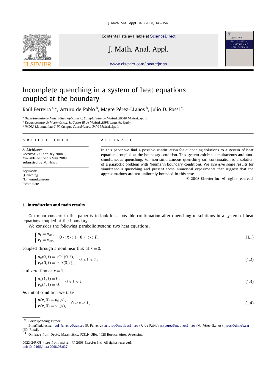 عکس صفحه اول مقاله: Incomplete quenching in a system of heat equations coupled at the boundary Incomplete quenching in a system of heat equations coupled at the boundary