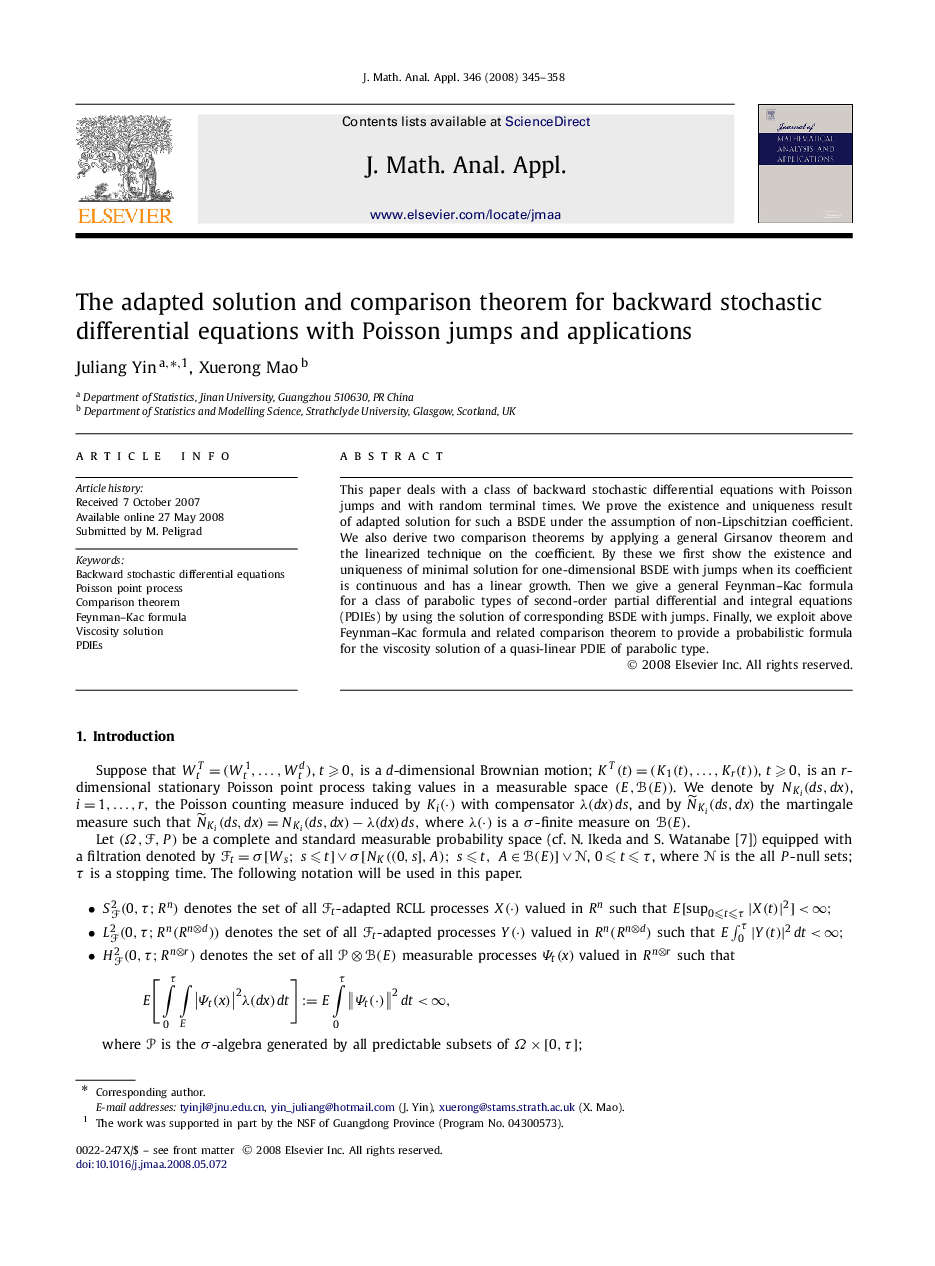 عکس صفحه اول مقاله: The adapted solution and comparison theorem for backward stochastic differential equations with Poisson jumps and applications The adapted solution and comparison theorem for backward stochastic differential equations with Poisson jumps and applications