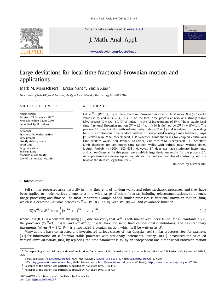 عکس صفحه اول مقاله: Large deviations for local time fractional Brownian motion and applications Large deviations for local time fractional Brownian motion and applications