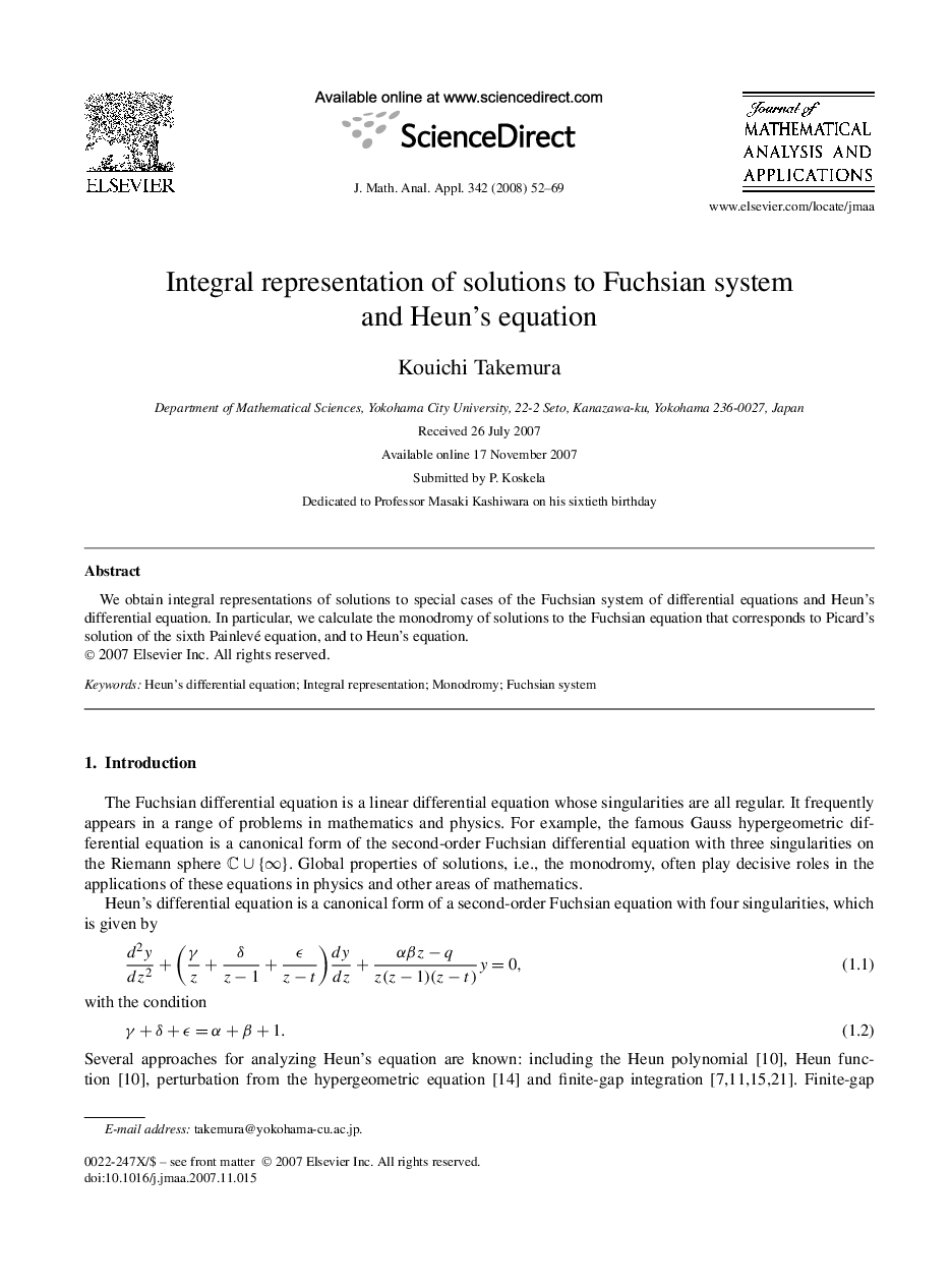 Integral representation of solutions to Fuchsian system and Heun's equation