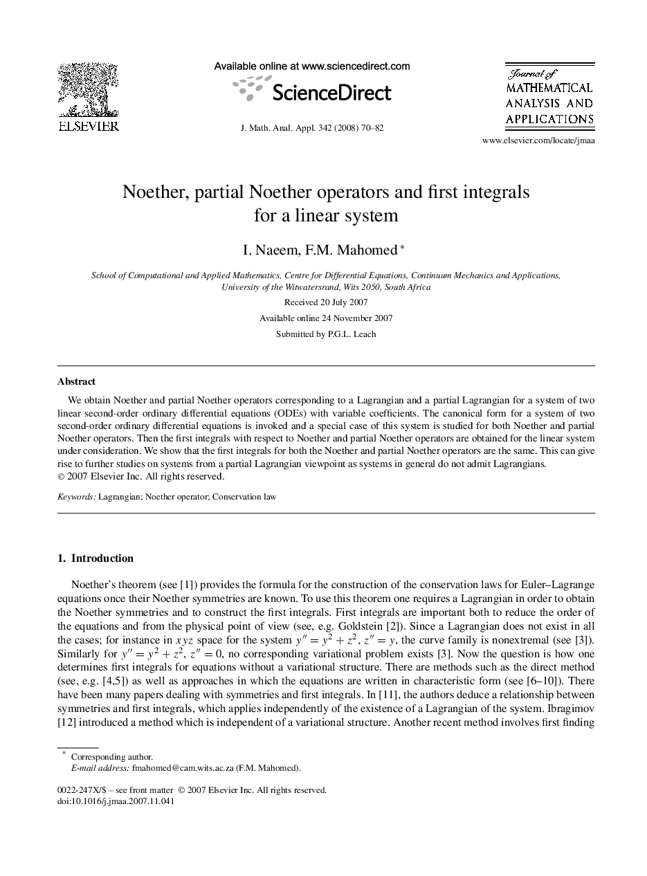 Noether, partial Noether operators and first integrals for a linear system