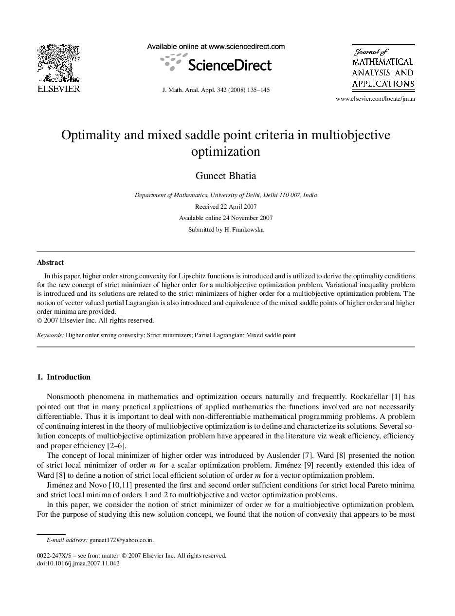 عکس صفحه اول مقاله: Optimality and mixed saddle point criteria in multiobjective optimization Optimality and mixed saddle point criteria in multiobjective optimization
