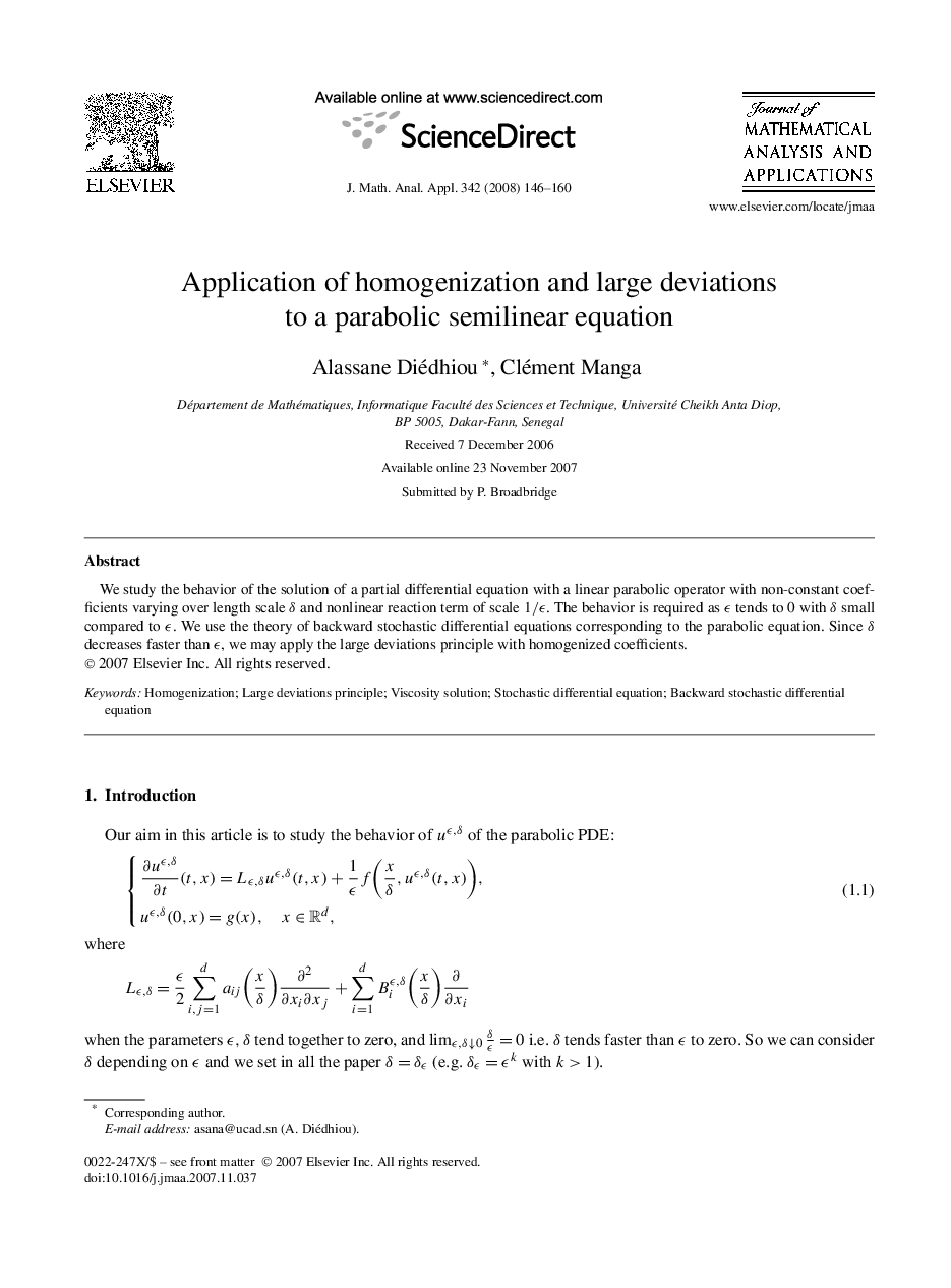 عکس صفحه اول مقاله: Application of homogenization and large deviations to a parabolic semilinear equation Application of homogenization and large deviations to a parabolic semilinear equation