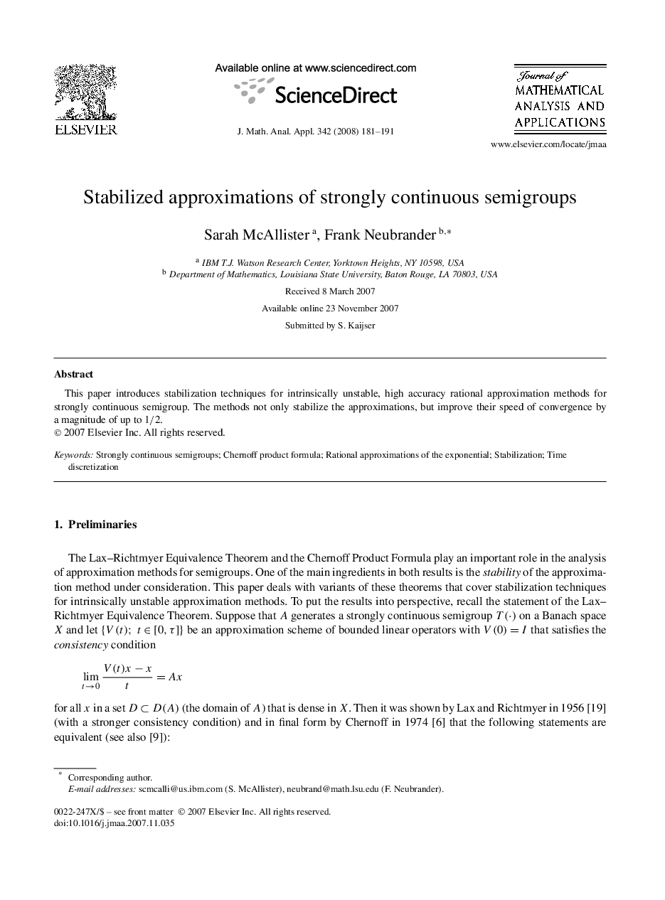 عکس صفحه اول مقاله: Stabilized approximations of strongly continuous semigroups Stabilized approximations of strongly continuous semigroups