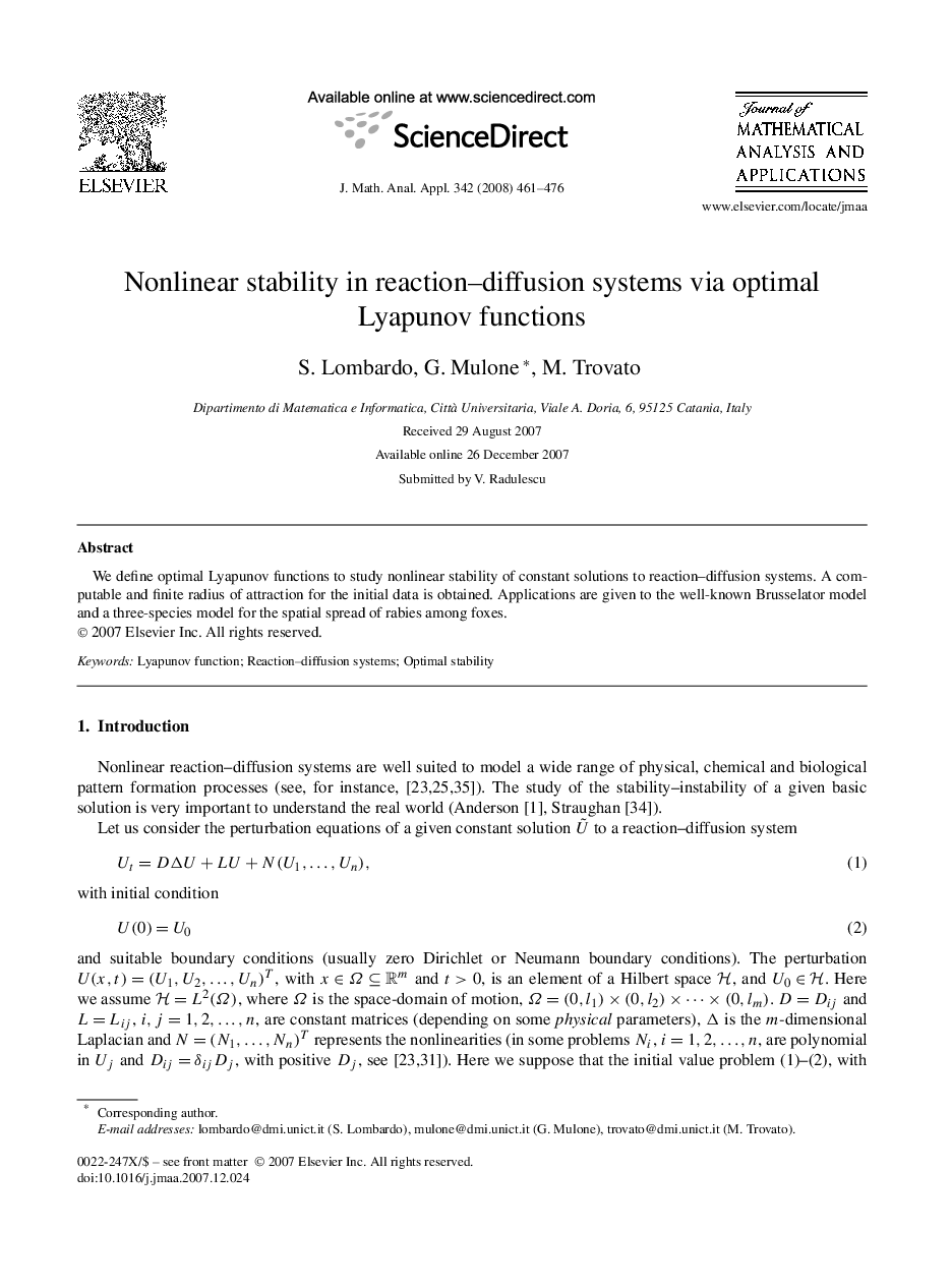 Nonlinear stability in reaction–diffusion systems via optimal Lyapunov functions