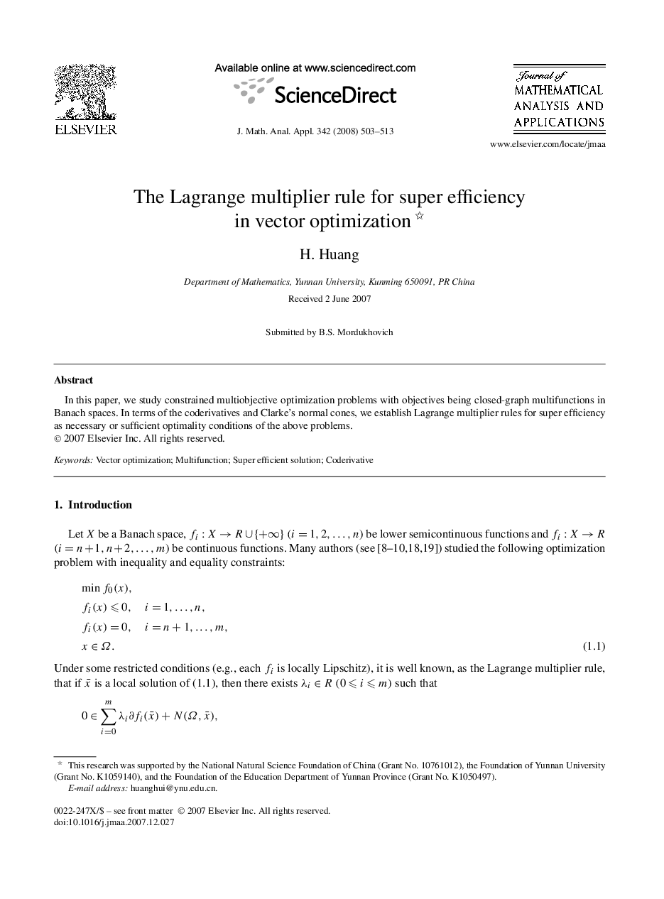 The Lagrange multiplier rule for super efficiency in vector optimization 