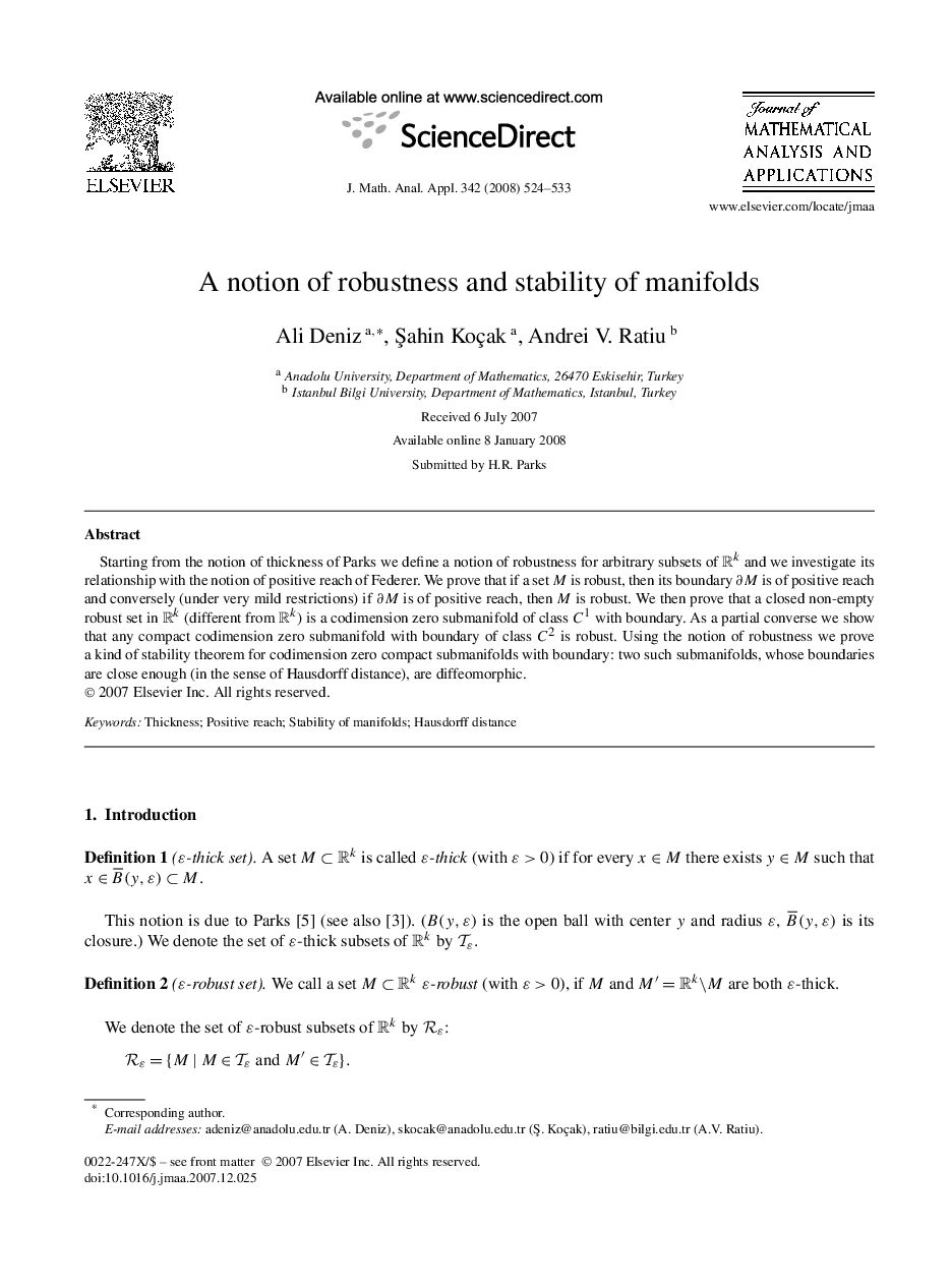 A notion of robustness and stability of manifolds