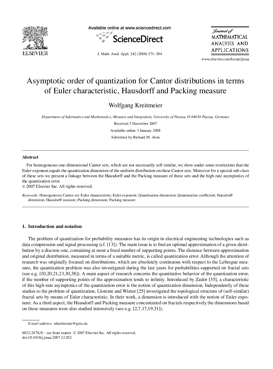 Asymptotic order of quantization for Cantor distributions in terms of Euler characteristic, Hausdorff and Packing measure