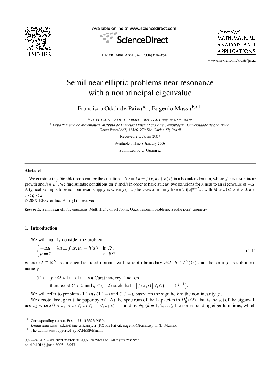 Semilinear elliptic problems near resonance with a nonprincipal eigenvalue