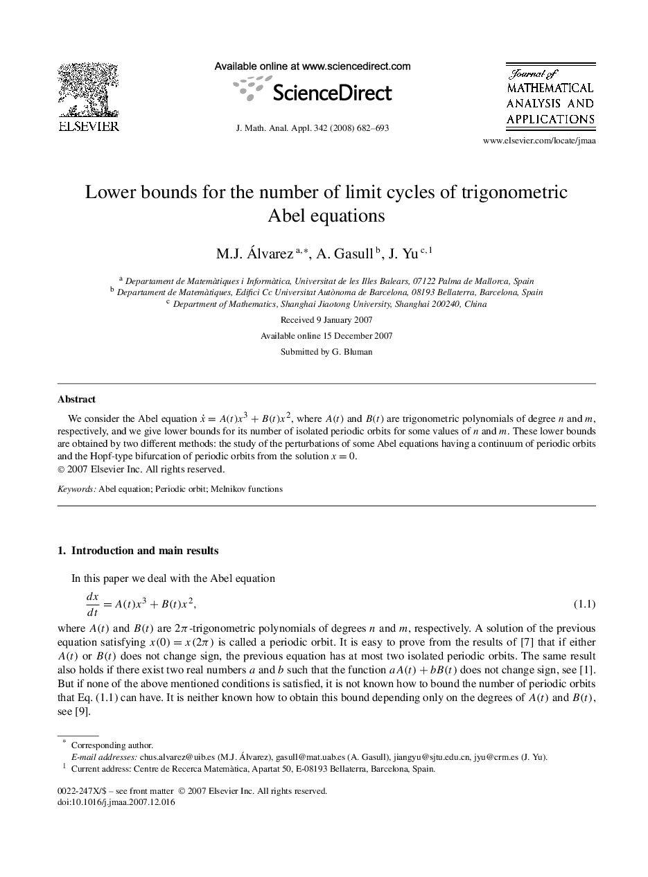 عکس صفحه اول مقاله: Lower bounds for the number of limit cycles of trigonometric Abel equations Lower bounds for the number of limit cycles of trigonometric Abel equations