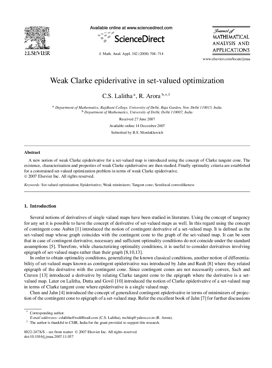 عکس صفحه اول مقاله: Weak Clarke epiderivative in set-valued optimization Weak Clarke epiderivative in set-valued optimization