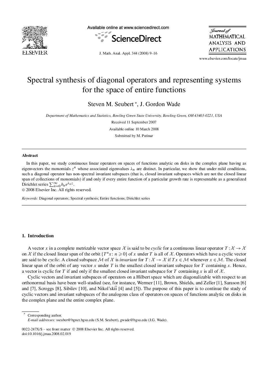 عکس صفحه اول مقاله: Spectral synthesis of diagonal operators and representing systems for the space of entire functions Spectral synthesis of diagonal operators and representing systems for the space of entire functions