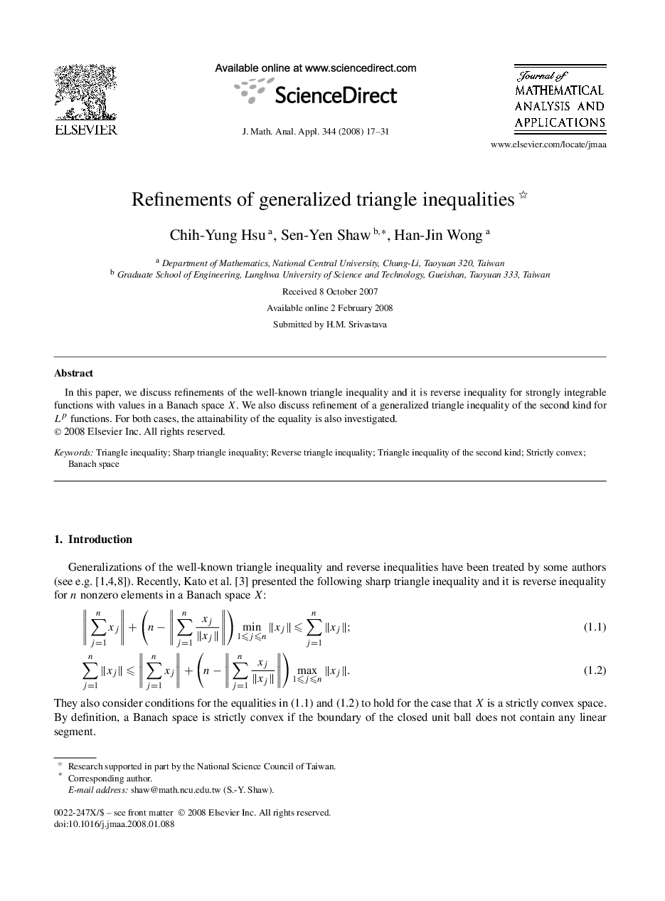 عکس صفحه اول مقاله: Refinements of generalized triangle inequalities Refinements of generalized triangle inequalities