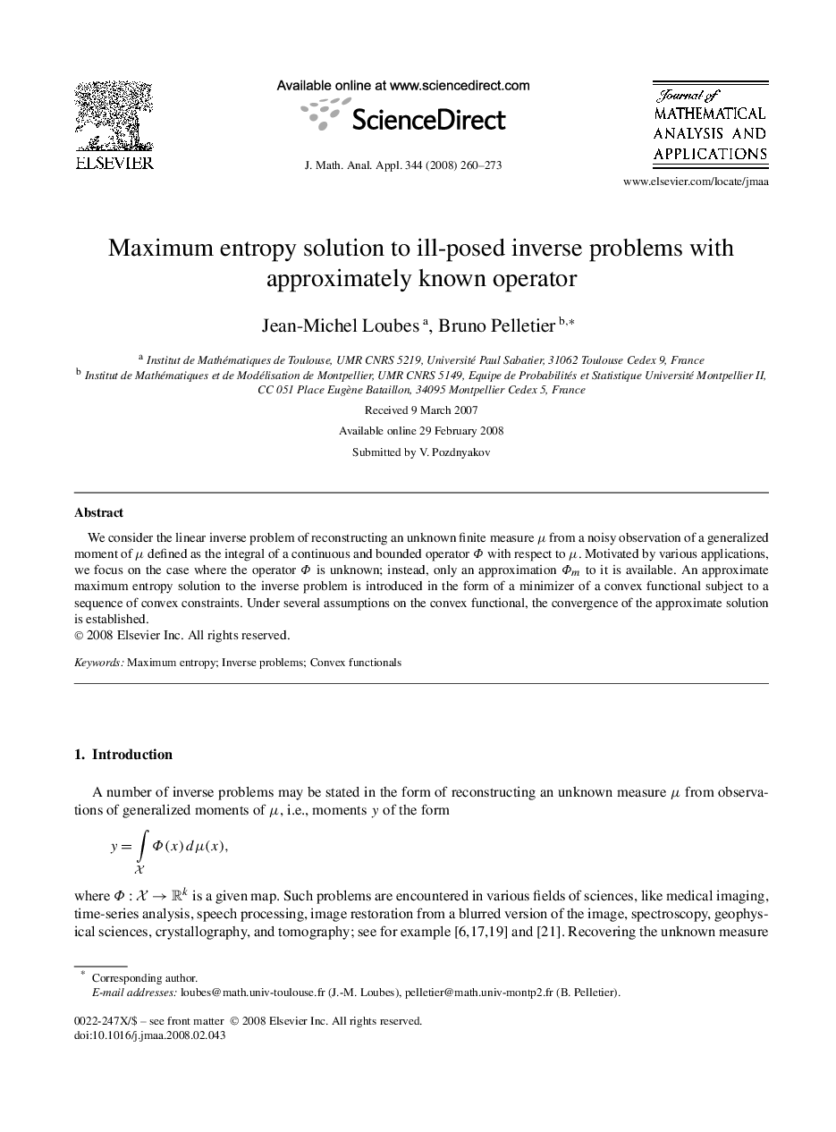 عکس صفحه اول مقاله: Maximum entropy solution to ill-posed inverse problems with approximately known operator Maximum entropy solution to ill-posed inverse problems with approximately known operator