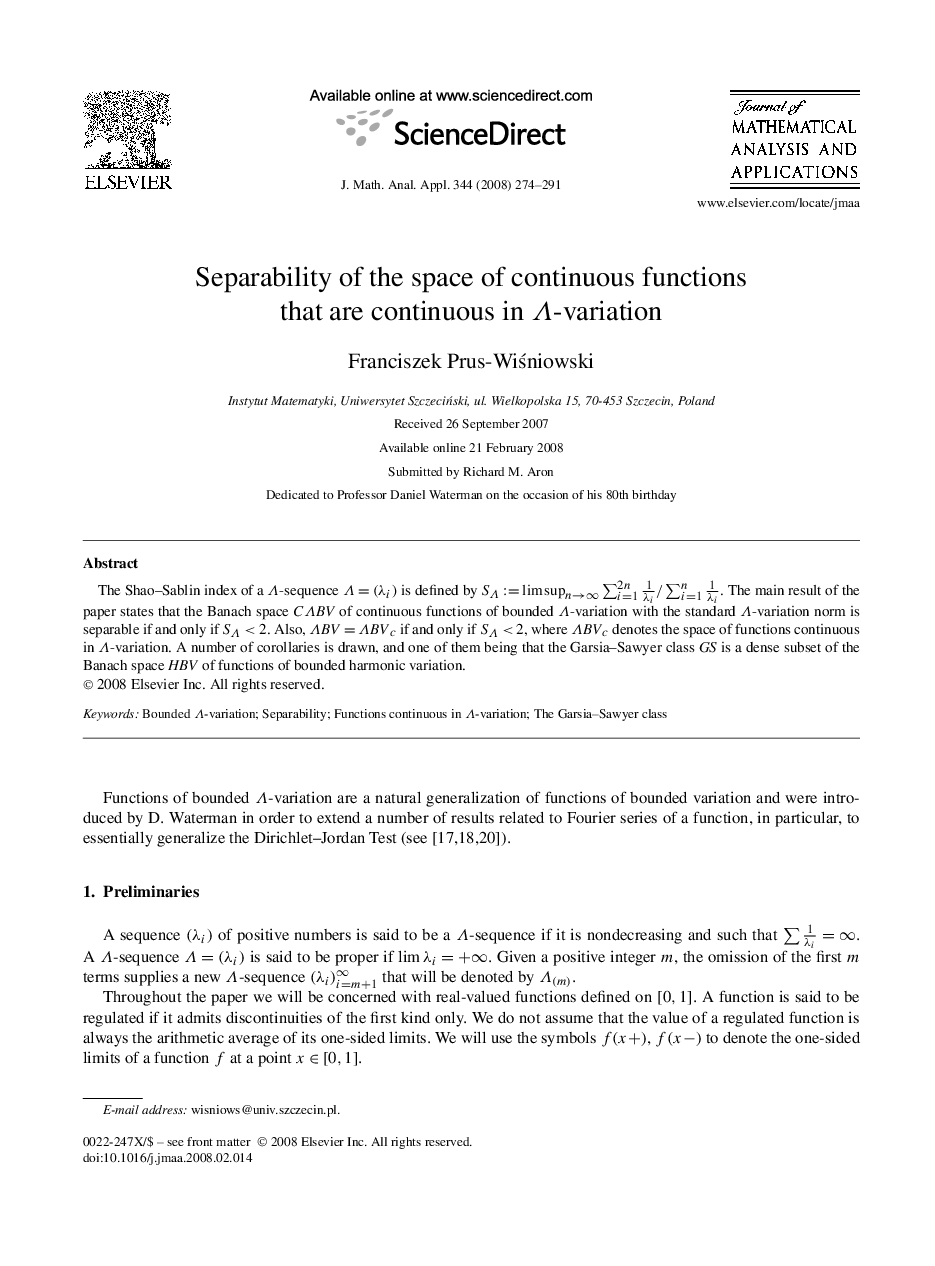 Separability of the space of continuous functions that are continuous in Λ-variation
