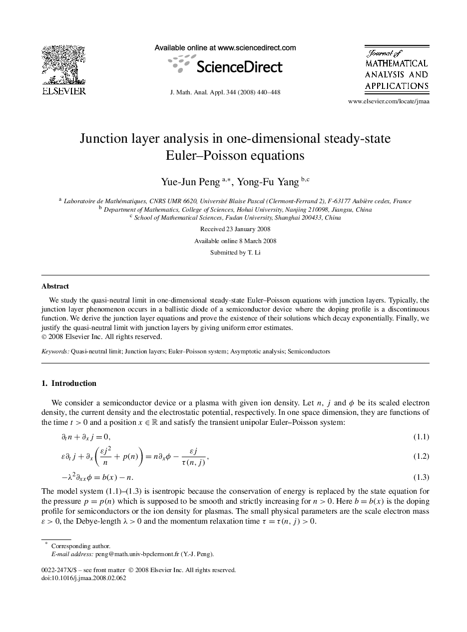 عکس صفحه اول مقاله: Junction layer analysis in one-dimensional steady-state Euler–Poisson equations Junction layer analysis in one-dimensional steady-state Euler–Poisson equations