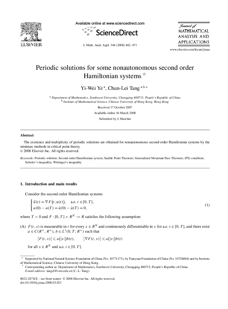 Periodic solutions for some nonautonomous second order Hamiltonian systems 
