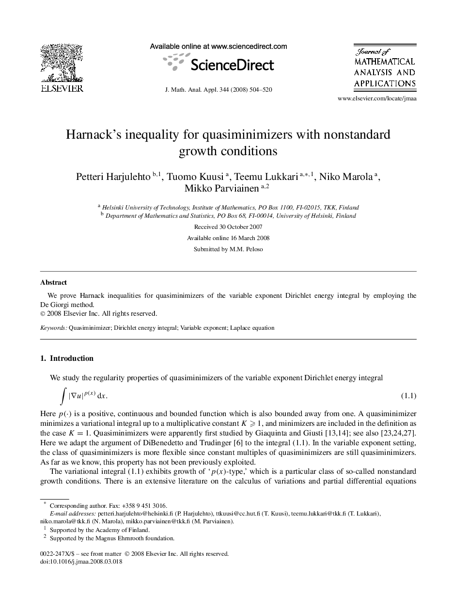 عکس صفحه اول مقاله: Harnack's inequality for quasiminimizers with nonstandard growth conditions Harnack's inequality for quasiminimizers with nonstandard growth conditions