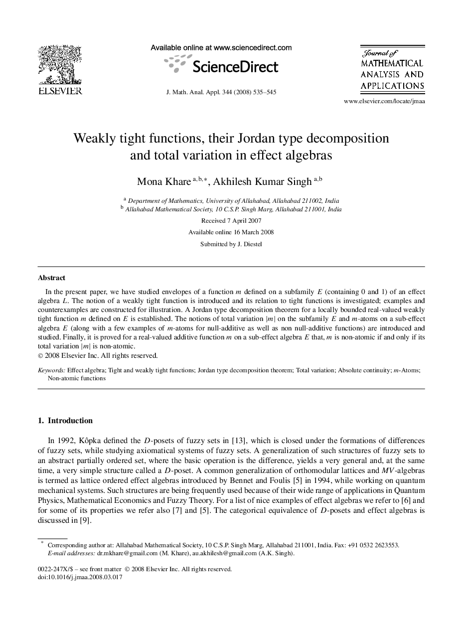 عکس صفحه اول مقاله: Weakly tight functions, their Jordan type decomposition and total variation in effect algebras Weakly tight functions, their Jordan type decomposition and total variation in effect algebras