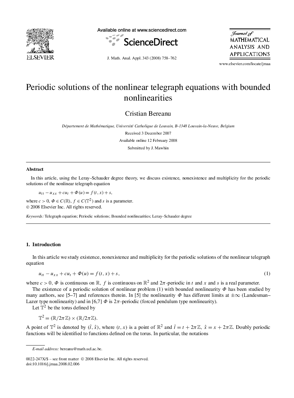 Periodic solutions of the nonlinear telegraph equations with bounded nonlinearities