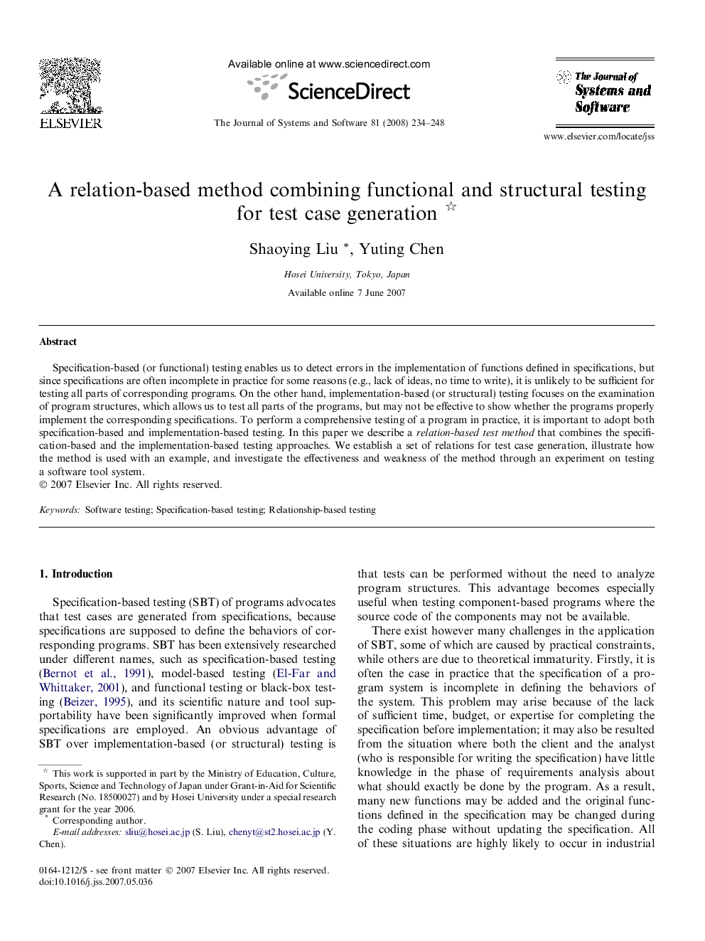 A relation-based method combining functional and structural testing for test case generation 