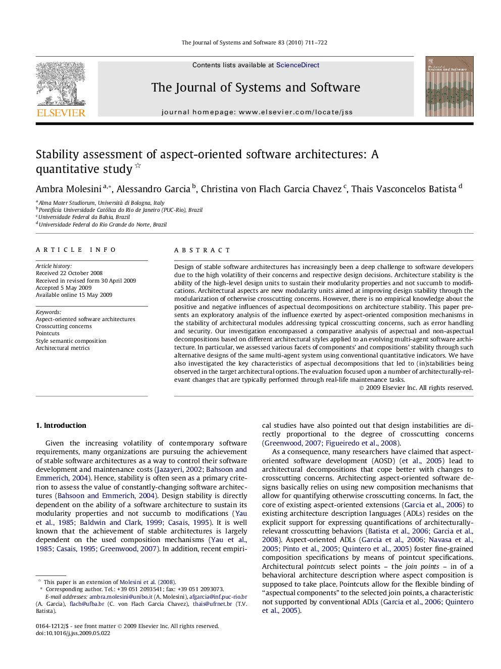 Stability assessment of aspect-oriented software architectures: A quantitative study 
