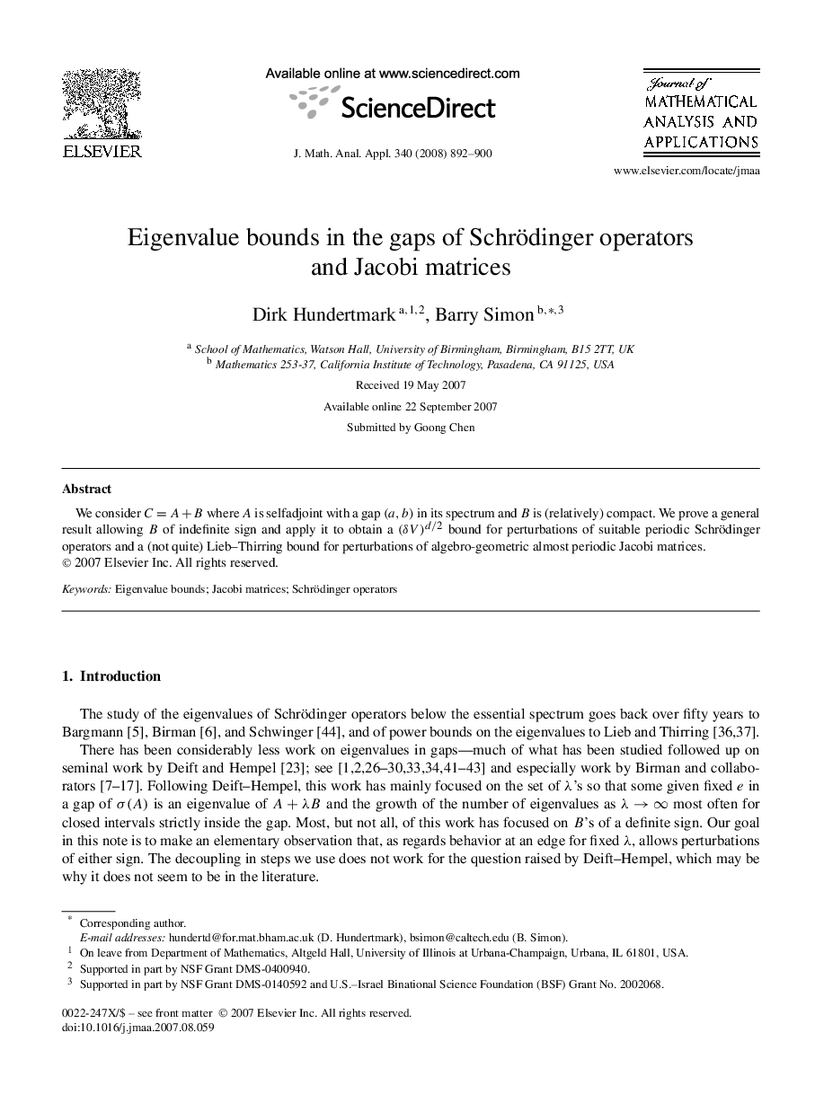 عکس صفحه اول مقاله: Eigenvalue bounds in the gaps of Schrödinger operators and Jacobi matrices Eigenvalue bounds in the gaps of Schrödinger operators and Jacobi matrices