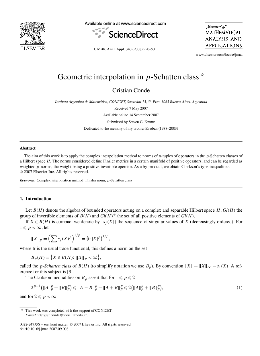 Geometric interpolation in p-Schatten class 