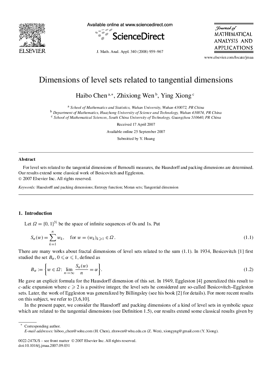 عکس صفحه اول مقاله: Dimensions of level sets related to tangential dimensions Dimensions of level sets related to tangential dimensions