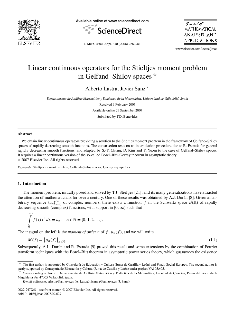 عکس صفحه اول مقاله: Linear continuous operators for the Stieltjes moment problem in Gelfand–Shilov spaces Linear continuous operators for the Stieltjes moment problem in Gelfand–Shilov spaces