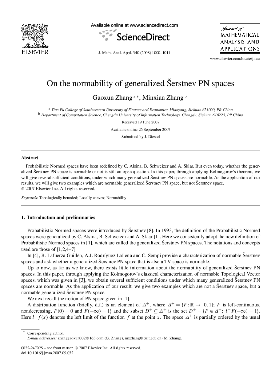 عکس صفحه اول مقاله: On the normability of generalized Šerstnev PN spaces On the normability of generalized Šerstnev PN spaces