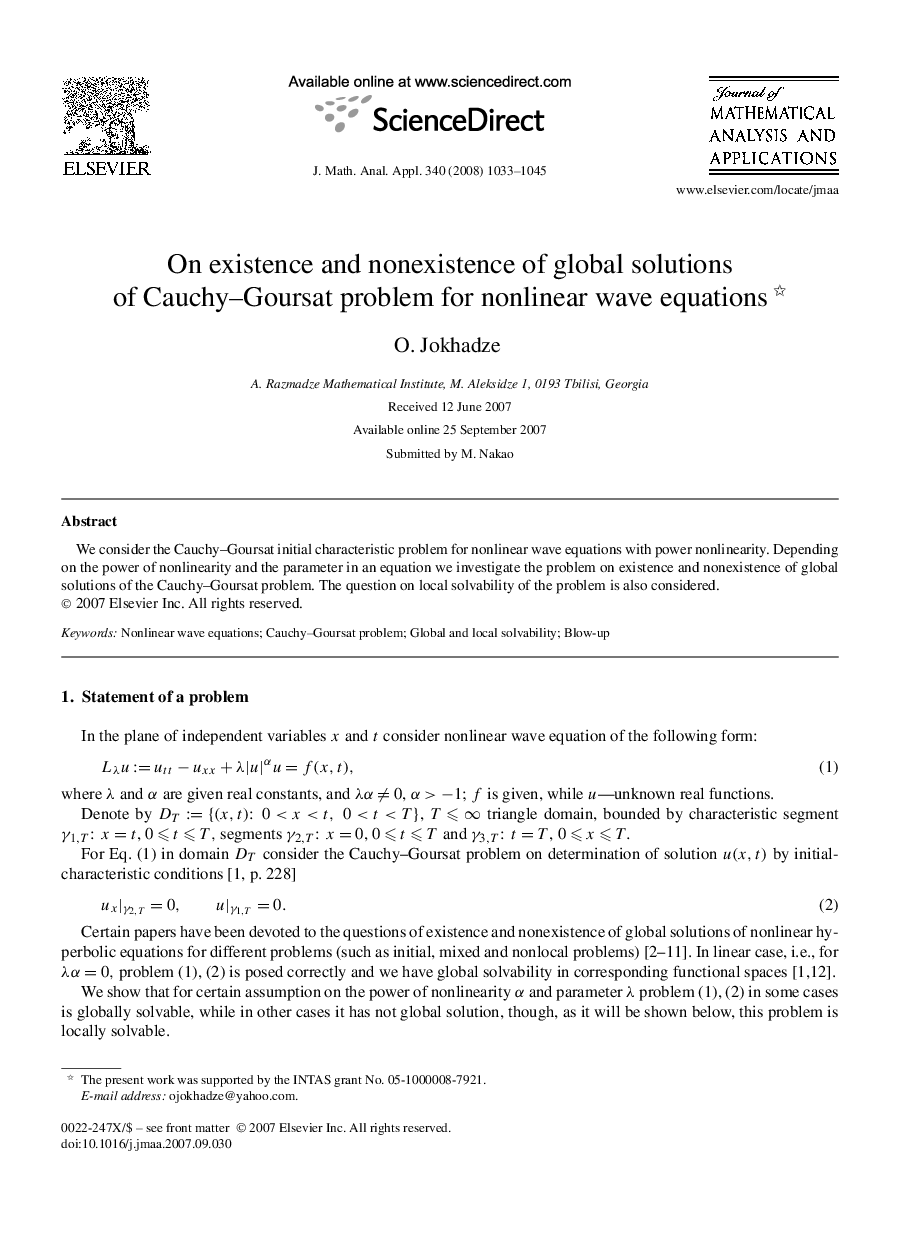 On existence and nonexistence of global solutions of Cauchy–Goursat problem for nonlinear wave equations 