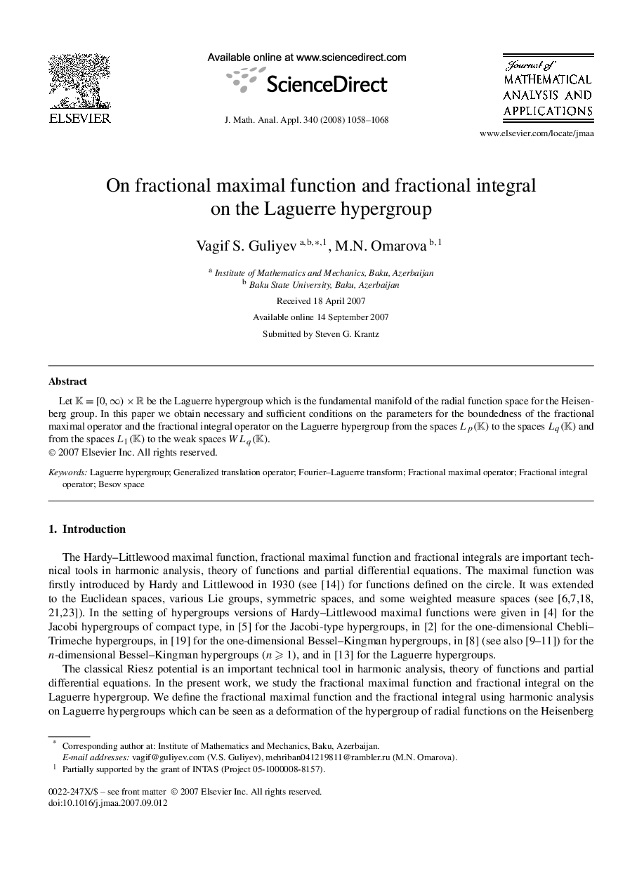 عکس صفحه اول مقاله: On fractional maximal function and fractional integral on the Laguerre hypergroup On fractional maximal function and fractional integral on the Laguerre hypergroup